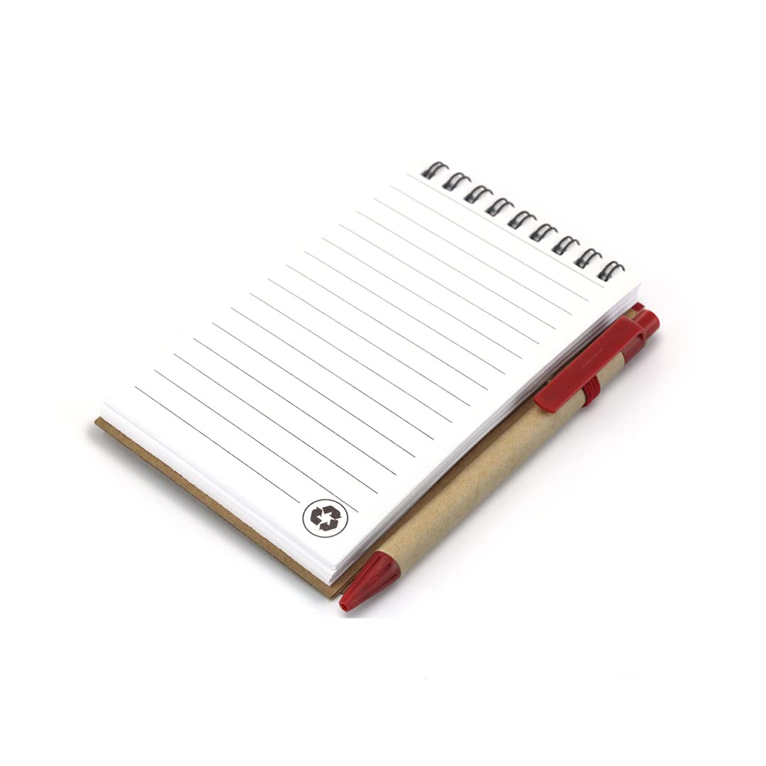 50 libretas pequeñas de bolsillo A6 con bolígrafo en cartón reciclado a juego, cuaderno con espiral, Portada Rígida, libretita de 70 Hojas con rayas ideal para regalos (50)