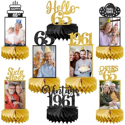 Image of Eucutur 8Pcs 65th Birthday Decorations Honeycomb Centerpieces for Women Men, Black Gold Vintage 1961 65th Bday Photo Table Centerpieces Party Supplies, Glitter Cheers to 65 Year Old Bday Table Topper