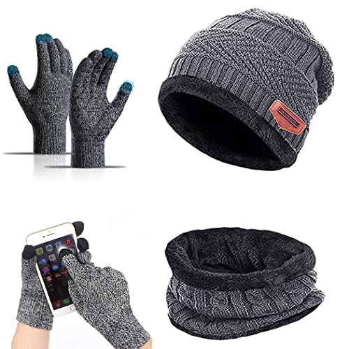 Wintermütze Herren Damen und Schlauchschal Touchscreen Handschuhe Set 3 in 1 Winter Warme Beanie Mütze Schal Set Männer Frauen Winterhandschuhe mit Dicke Fleecefutter für Ski Geschenke (Grau) Cover