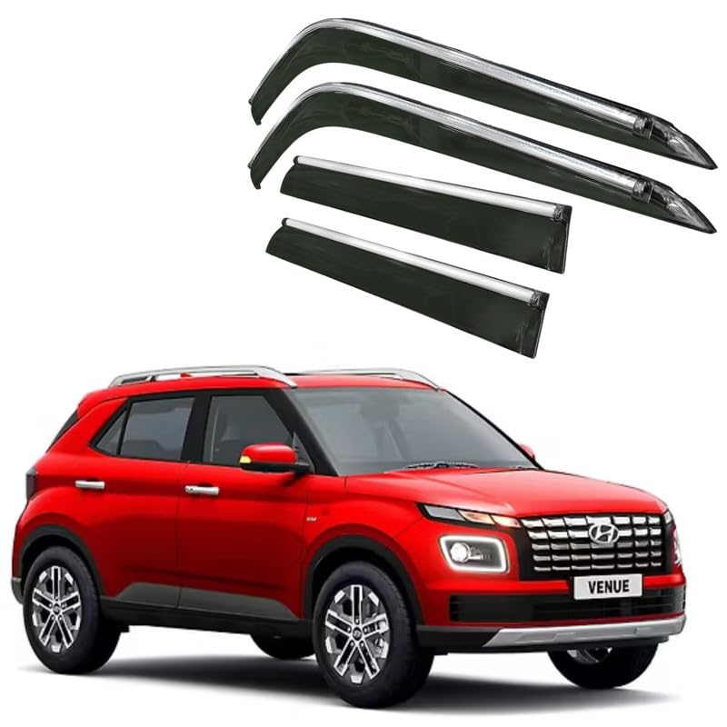 Image of CAR SAAZ Side Door Visors for Venue (2019-2022)(Set of 4Pcs)|Chrome Lined Rain Guards, Polycarbonate, Smoke Finish
