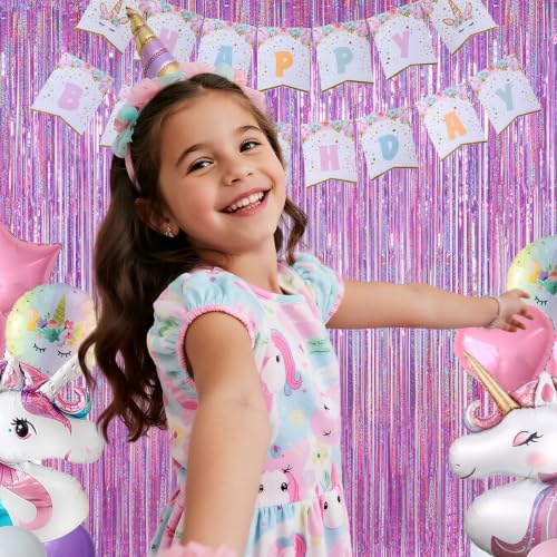 Image of Shimmering Purplish Pink Foil Fringe Curtains for Party Decor - Tinsel Backdrop for Photoshoot, Party Wall Decor with Glitter Streamers for Weddings, Baby Showers, Birthdays & Stage Events