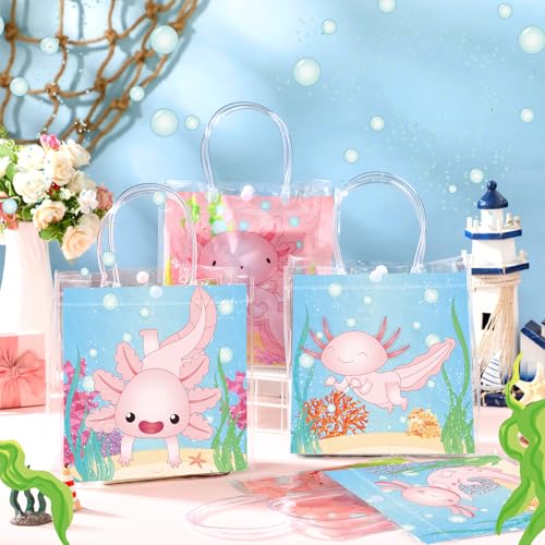 Image of Teenyyou 24 Pcs Axolotl Party Favor Bags Amphibian Clear PVC Gift Bags with Handles for Birthday Party Decorations