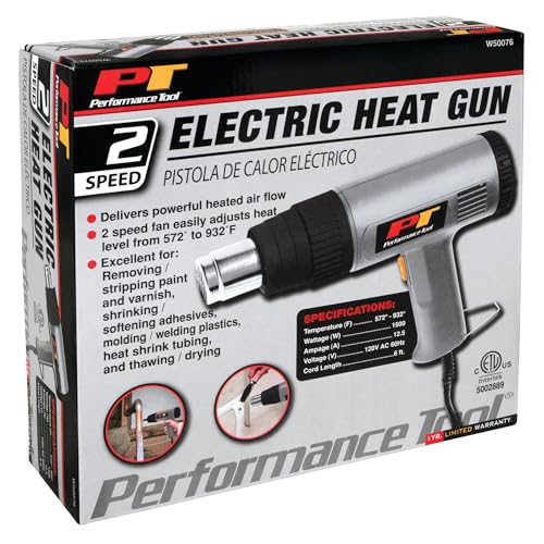 Image of Performance Tool W50076 2 Speed Heat Gun 1500W (300 /500 celsius) for Removing Paint, Bending Pipes, Shrinking PVC and More