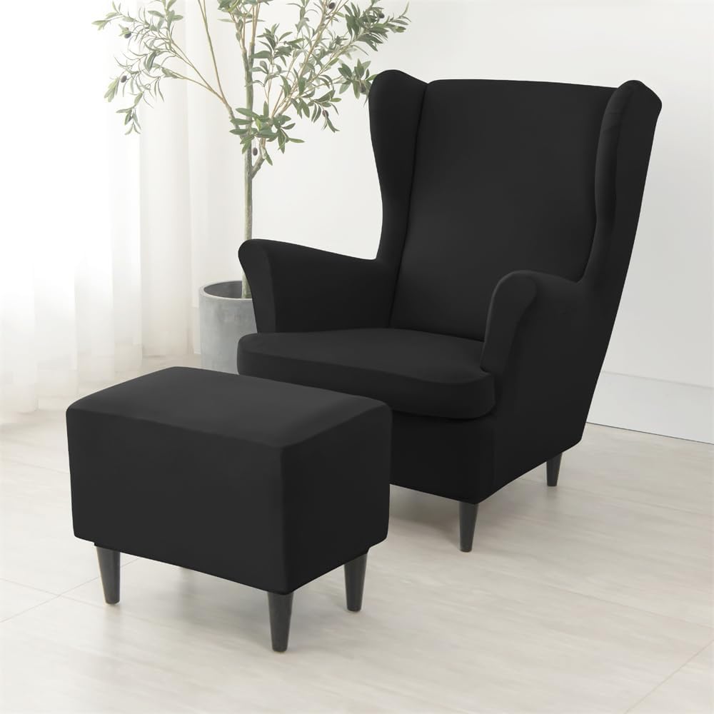 Wingback Chair Covers 2 Piece with Ottoman Cover, Stretch Wing Chair Slipcover, Washable Spandex Sofa Cover Furniture Protector for Armchair Chairs Bedroom (Black)