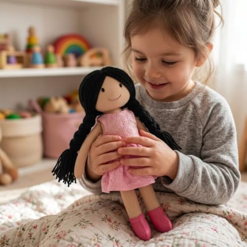 Image of Handcrafted Indian Rag Doll Set, Stitch Soft Toy Doll for Kids, Soft Cotton Fabric Yarn Cloth Doll, Traditional South Indian Soft Toys for Kids Room Decor (Pink, Dot and Net)