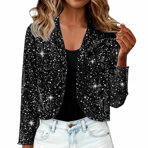 Chaqueta Corta De Lentejuelas para Mujer, Lentejuelas Delgado Moda Primavera Otoño Slim Fit Color Sólido Traje Cardigans, Elegante Chaquetas, Corto Brillo Fiesta Chaqueta, Reuniones Sociales