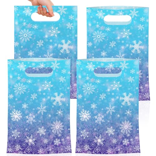50 Pcs Winter Snowflake Gift Bags Plastic Frozen Goodie Bags with Handles Blue and Purple Candy Goodie Party Favor Bag for Winter Wonderland Christmas Birthday Decorations Frozen Party Supplies