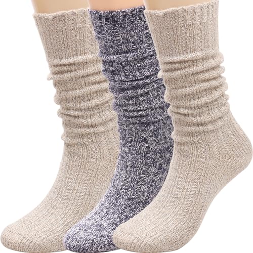 image for TINTAO 3 Pairs Women Winter Wool Cable Knit Crew Knee High Boot Socks,
