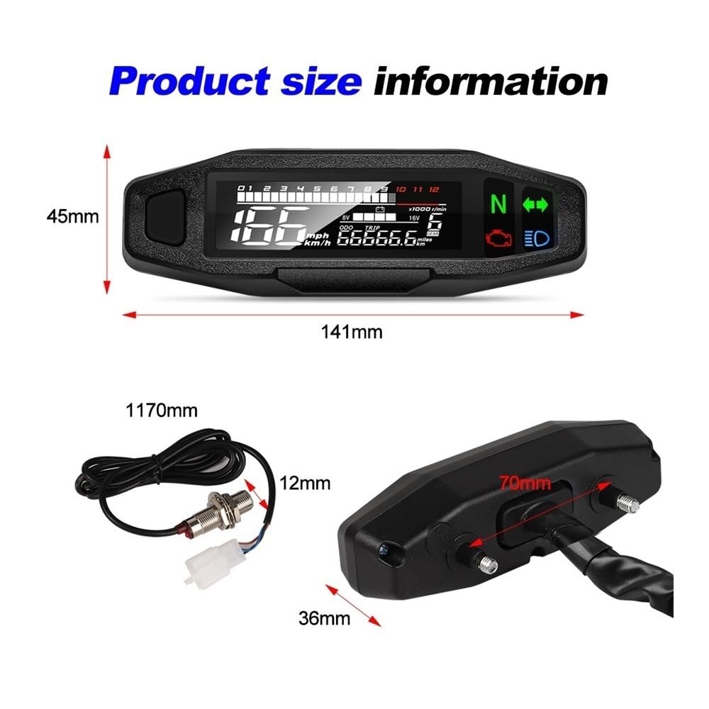 Cuadro de instrumentos de moto Medidor digital para motocicleta, velocímetro, odómetro, RPM, medidor de nivel combustible, instrumento para luz señal para giro, universal