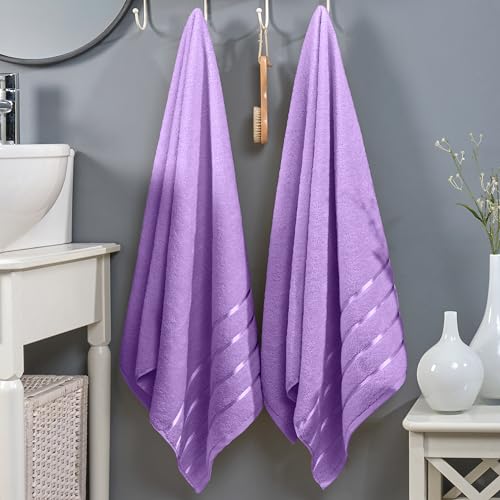 Image of Elegant Comfort 100% Turkish Cotton 4 Lines Viscose Stripe Luxury 2 Pack Bath Towel Set 27 x 54 Inch - Super Soft and Highly Absorbent Premium Hotel Spa Quality Towels for Bathroom Use, Lilac