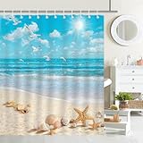 Avezano Ozean-Strand-Duschvorhang, Sommer, tropischer Strand, Muscheln, Badezimmer, Duschvorhang, Sommer, Meer, nautische Küste, wasserdichter Stoff, Duschvorhänge, Badewannendekoration mit 12 Haken