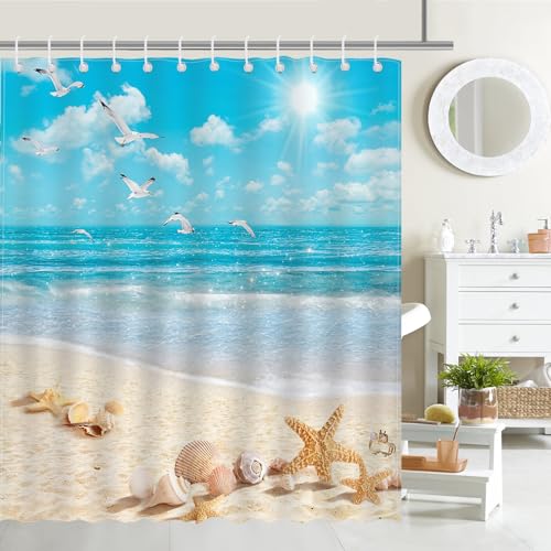 Avezano Ozean-Strand-Duschvorhang, Sommer, tropischer Strand, Muscheln, Badezimmer, Duschvorhang, Sommer, Meer, nautische Küste, wasserdichter Stoff, Duschvorhänge, Badewannendekoration mit 12 Haken
