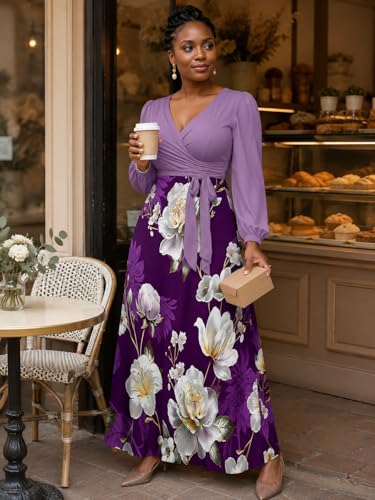 Image of PinkPatty Plus Size Dresses for Curvy Women V Neck Flowy Long Sleeves Wrap Maxi Dress Travel Vacation Outfits