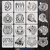 Référence de taille:Chacun des pochoirs lion et tigre mesure environ 15x15cm et ils vous aideront à créer de belles œuvres par vous-même. Le pinceau dans l'emballage mesure environ 160x7x5mm et vous pouvez l'utiliser pour dessiner.