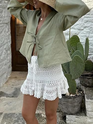 Chvity Tie Front Tops for Women Y2K Linen Shirts Flare Sleeve V Neck Going Out Coquette Clothes Casual Lace Up Bow Blouses - Image 5