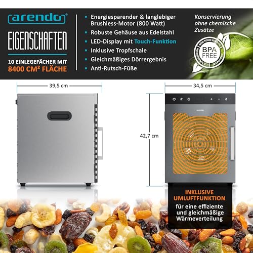 Foto von Arendo - Dörrautomat Edelstahl mit 10 Edelstahlgitter - 800 W - 35°-85°C - 10 Edelstahl Einlegetabletts mit insgesamt 8400 cm² - Dörrgerät Dehydrator Obsttrockner Dörrapparat - Obst Fleisch Pilze uvm