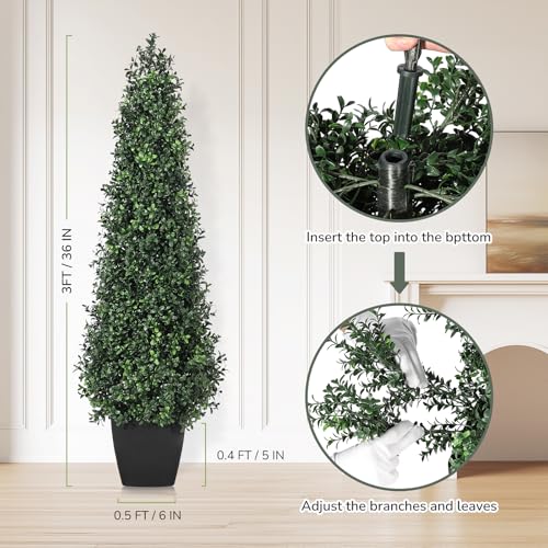 Artificial Boxwood Topiary Trees - Cone Shape Fake Plant with Modern Black Planter, 3FT Faux Outdoor Plants for Indoor Front Porch Plants Set of 2