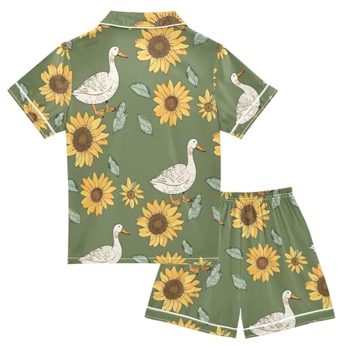ALAZA Duck Sunflower Pajamas Satin Pajama Set Short Sleeve Button Down Sleepwear2