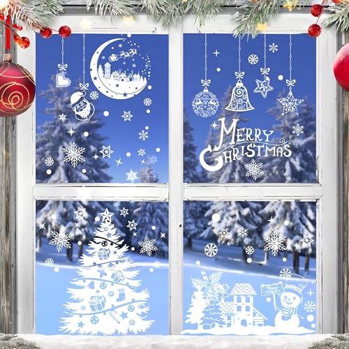 Image of AhfuLife Christmas Window Clings, 202 PCS Reusable Christmas Window Stickers for Glass, 9 Sheets Double Sided Snowflake Xmas Trees Stickers for Xmas Party