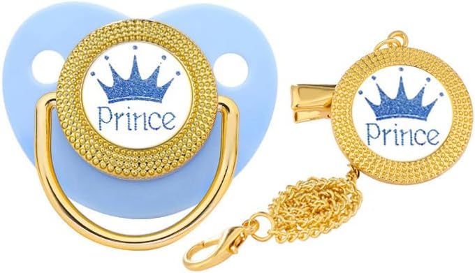 Gold BPA Free Baby Pacifier with Strong Metal Clip M(6-18m) ,Gift Box Packing No Rhinestone Pink Newborn Soother Dummy with Safe Chain Length (Blue)