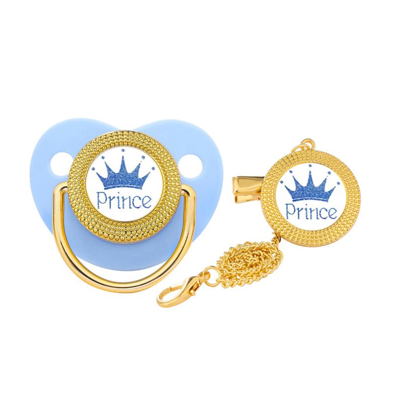 Gold BPA Free Baby Pacifier with Strong Metal Clip M(6-18m),Gift Box Packing No Rhinestone Pink Newborn Soother Dummy with Safe Chain Length (Blue)