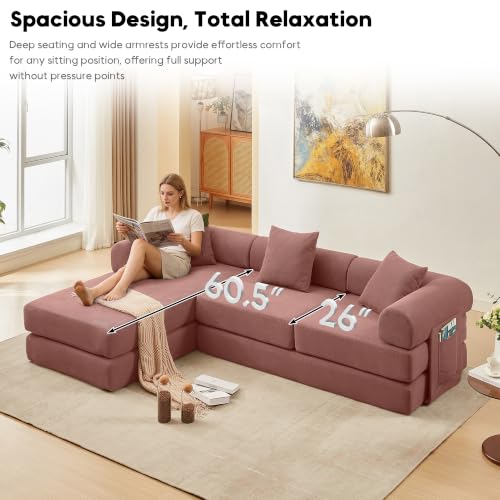 Image of 107 inch Modular Sectional Sofa Bed, L-Shape Corduroy Boneless Couch, Pink