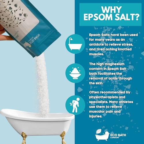 Image of Eco Bath London Relaxing Lavender Epsom Salt Bath Soak - Pouch 2.2 lb (1 kg), Made in UK, Natural Magnesium Bath Salt, Relaxing Spa Bath Soak for Stress Relief, Self Care Gift for Women and Men