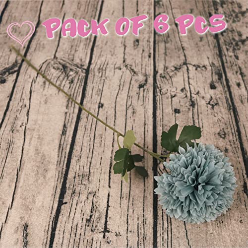 Lacheln Dusty Blue Artificial Flowers Chrysanthemum Ball Fake Silk Flowers Dahlia Bouquet With Long Stem& Leaves For Wedding Parties Home Office Coffee House Floral Decor #TOP2