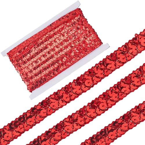 CABODYALS Cinta Elástica Metálica con Borde de Cuentas Rojas de 13 m Y 15mm con Alambre Lentejuelas Encaje Purpurina Lentejuelas Planas Borde Elástico para Coser Hacer Manualidades Envolver Regalos Su