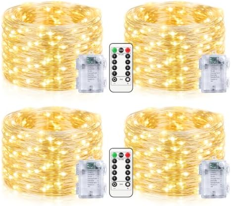 btfarm 4 Stück 10M 100 LED Lichterkette Batterie mit Fernbedienung Timer | Lichterketten Außen Innen Draht, Wasserdicht, Silberdraht, 8 Modi, für Weihnachten Garten Hochzeit Balkon