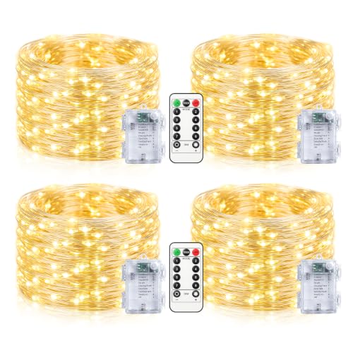 btfarm 4 Stück 10M 100 LED Lichterkette Batterie mit Fernbedienung Timer | Lichterketten Außen Innen Draht, Wasserdicht, Silberdraht, 8 Modi, für Weihnachten Garten Hochzeit Balkon Deko, Warmweiß