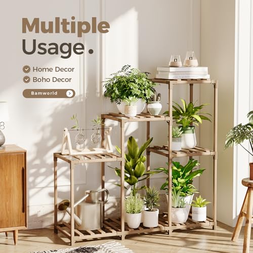 image for Bamworld Plant Stand Indoor Wood Plant Shelf Outdoor Tiered Plant Rack