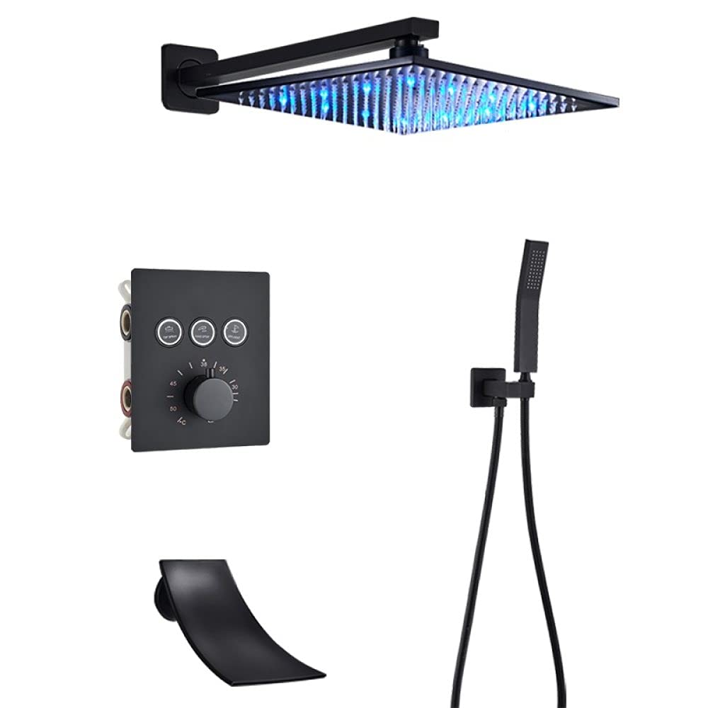 Luksusowa czarna bateria prysznicowa termostatyczna do łazienki deszczownica bateria ścienna do wanny zestaw prysznicowy ścienny B 3W 12" sufitowy,Ścienny A3-way-16 cali