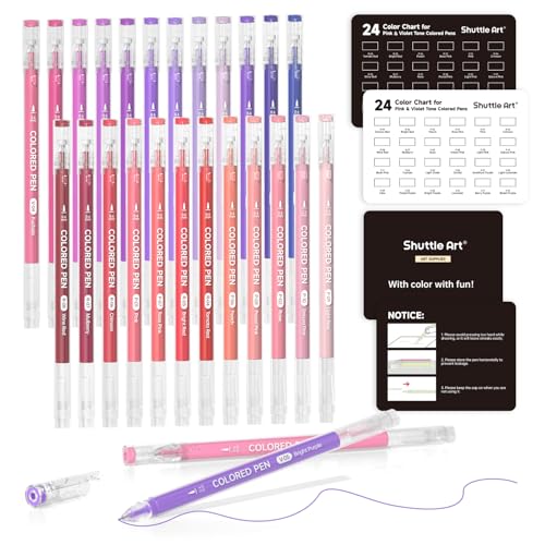 Shuttle Art Colored Pens, 24 Pink & Purple Tone Colors Cute Journal Pens 0.6mm Fine Point Colored Gel Pens for Black Paper Adult Coloring Writing Drawing Journaling Note Taking School Office