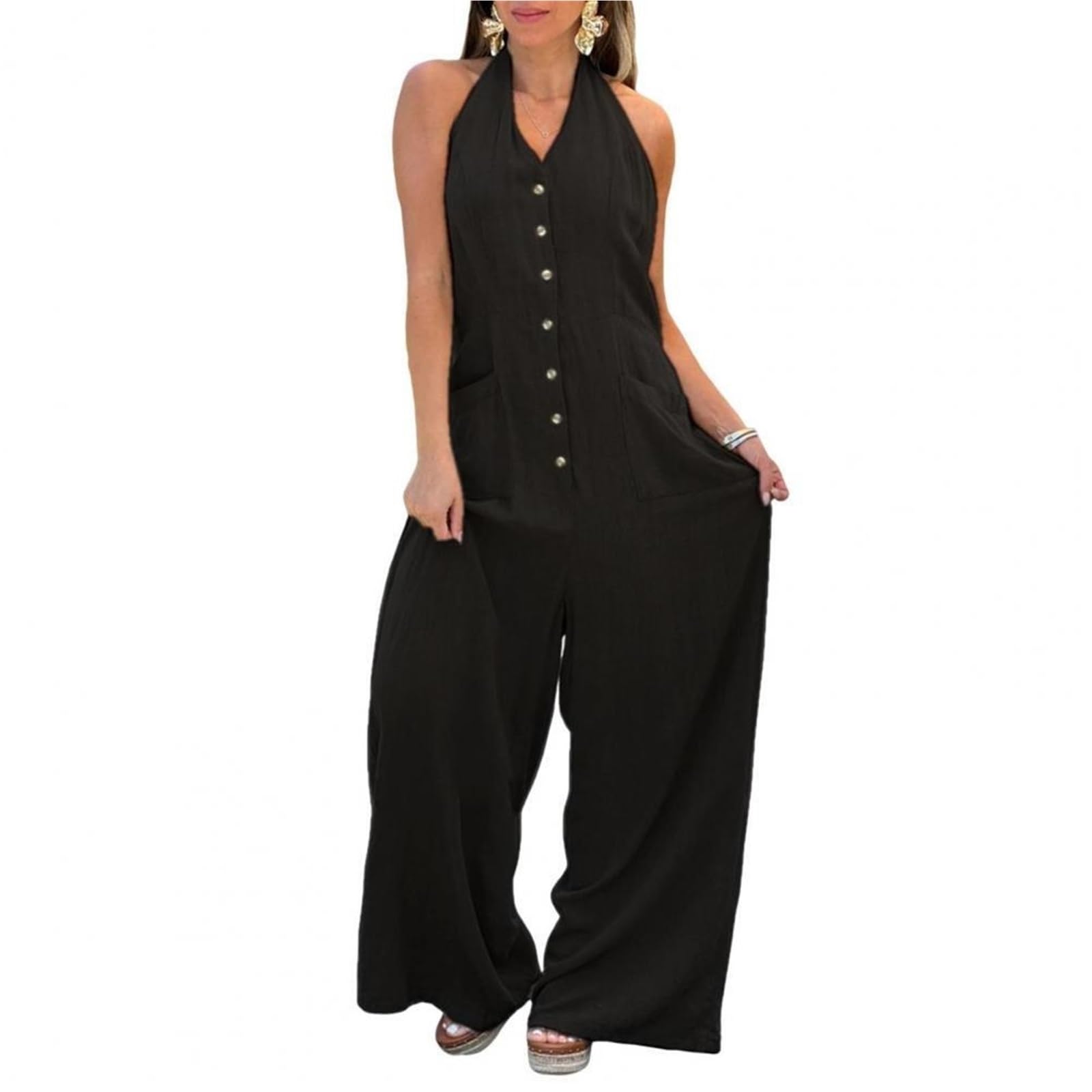 Tuta Intera in Lino da Donna Tuta di lino Abbigliamento da lavoro Pagliaccetto donna Elegante scollo a V lungo senza maniche Tute avvolgenti a vita alta Moda Streetwear