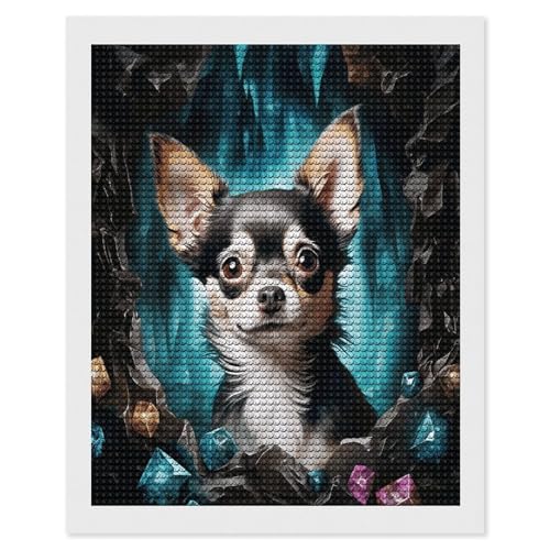 Pintura de diamantes 5D con diseño de Chihuahua en cueva de gemas y cuentas redondas