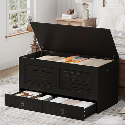 ChooChoo Storage Chest, 39.3' Storage Bench with Drawer, Wooden Entryway Bench with Safety Hinges, Shoe Bench, for Entryway, Bedroom, Living Room, Black