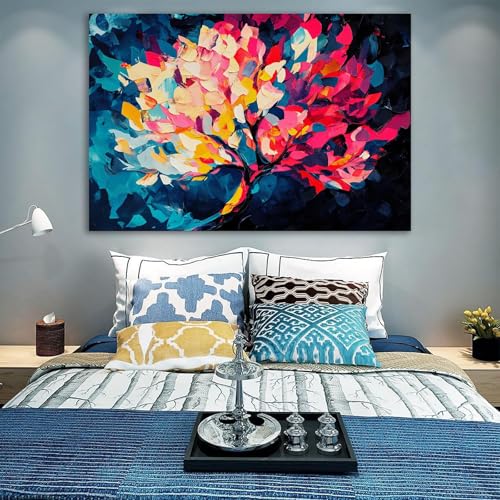 Tableau moderne abstrait arbre de vie grand format aquarelle bleu DunPei - 4