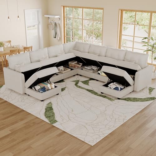 Image of LLappuil Modular Sectional Sofa with Storage, U-Shaped 9-Seat Corduroy Couch with 8 Throw Pillows, Pet-Friendly Convertible Pit Sofa for Living Room, Skin-Friendly & Soft, Beige