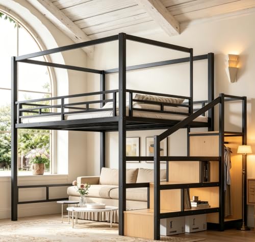 Image of Bellemave Queen loft Bed with Storage Stairs, LED, Wardrobe, Canopy Support Pole, Metal Queen Loft Bed Frame for Adults, Kids, Teens, Canopy can be Disassembled, Black+Natural Wood