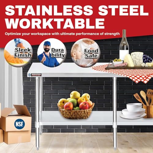 Image of DuraSteel 24x84 Stainless Steel Work Table - NSF Commercial Prep Metal Table - Outdoor Pizza Oven Stand w /Under Shelf - Kitchen Island Laundry Utility Garage Microwave Stand Large Rolling Storage Cart