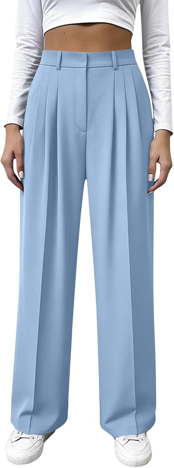 Wide Leg Work Pants Women Pull on Dress Slacks Pants High Waisted Business Casual Lounge Trousers with Pockets