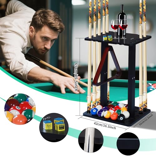Pool Stick Holder-Pool cue holder floor stand with multiple storage designs , wood Pool Cue Rack Holder for 10 Cues Sticks Storage and Pool Ball, Billiard Cue Racks for Billiard Room Club Pool Table - Image 4