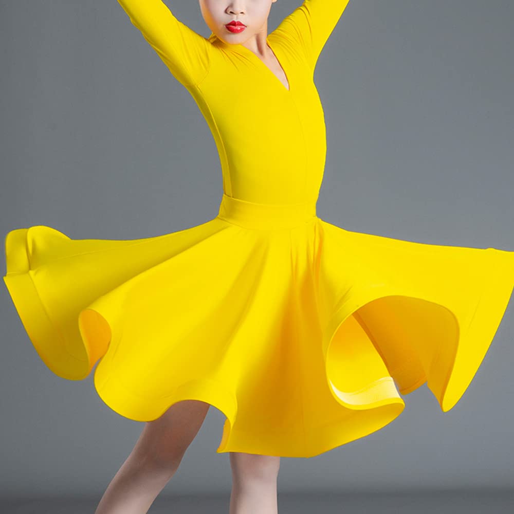 Libaobaoyo Girls Ballroom Dance Dress Long Sleeve 2 Piece Bodysuit Skirt Latin Tango Performance Outfits 4-16 Y Yellow