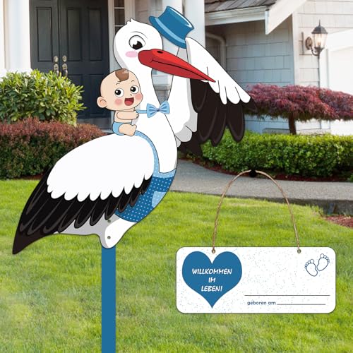 GreenYeah Klapperstorch Baby Klapperstorch Set zur Geburt Baby Großer Storch aus Holz Geburt Babystorch für Draußen Beidseitig Bedruckt Geburtsstorch inkl Holzstab+ Namensschild (Blau)