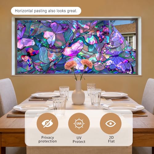 Image of Nuxovilar 17.7x39 Butterfly Stained Glass Window Film, Iridescent | Iridescent butterfly stained glass window film for privacy. Static cling PVC decal for cabinets and dividers.
