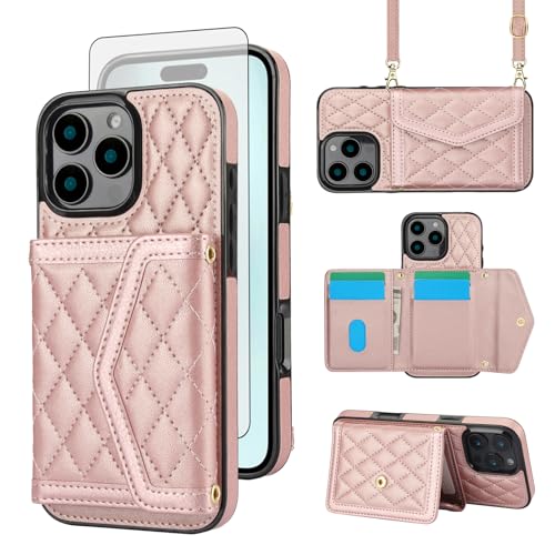 Coque iPhone 16 Pro Max rose avec bandoulière et protection écran en verre trempé