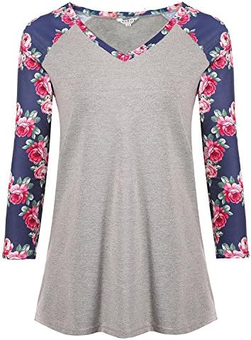 LeFashion Women's 3/4 Sleeve V Neck Loose Shirt Floral Printed Raglan Top Shirt