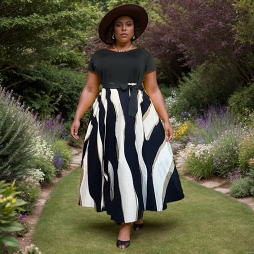 Image of Hostoyo Women Plus Size Formal A Line Maxi Dress Self Tie Waist with Pockets Elegant Round Neck Swing Long Dresses