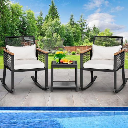 YITAHOME Patio Rocking Armchairs Bistro Set for 3, All-Weather Wicker Bistro Set with Chairs & Tempered Glass Coffee Table for Garden, Backyard, Black